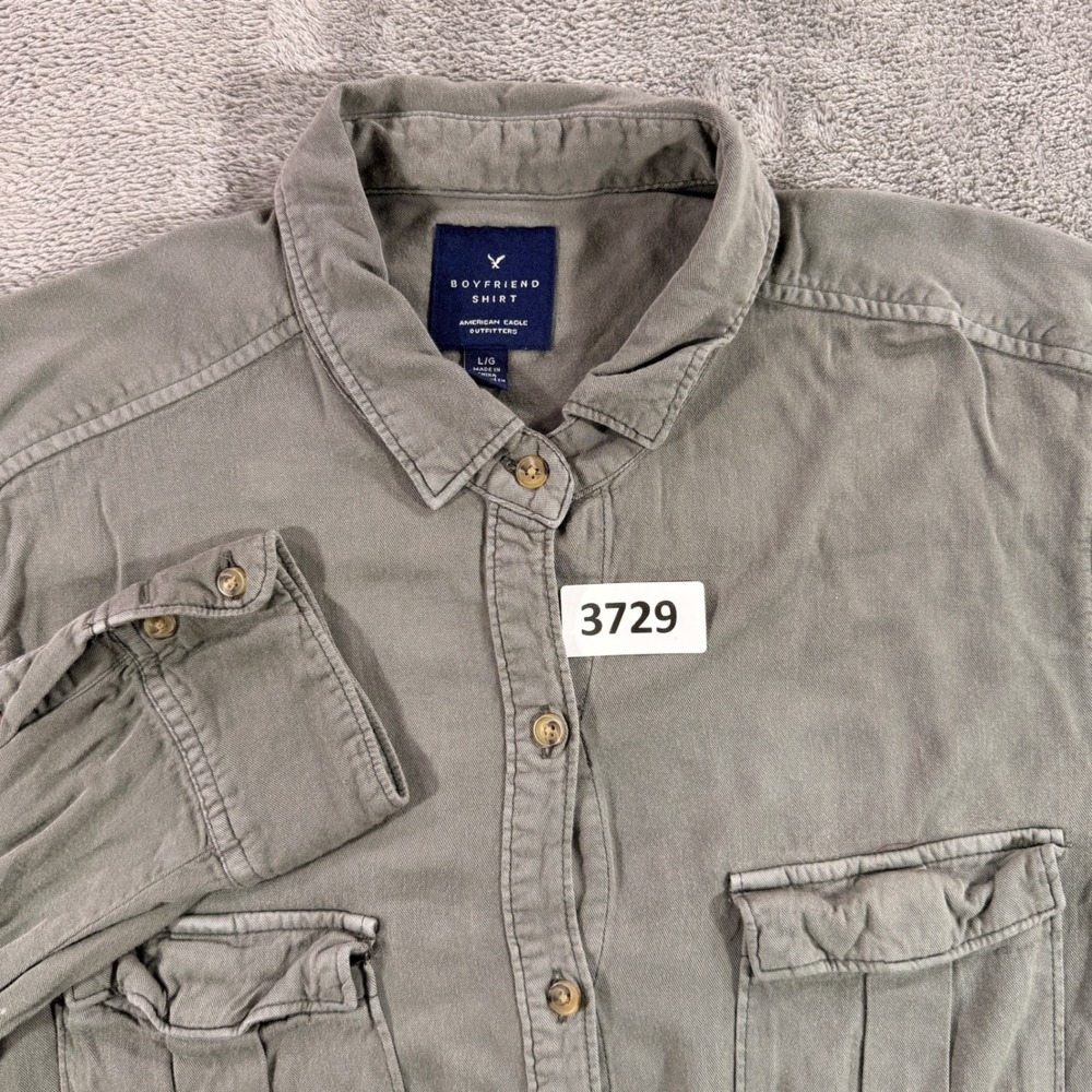 American Eagle Boyfriend Shirt Women Large Green Viscose Button Down Long Sleeve
